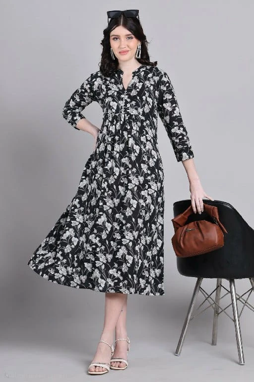 Elegant Black Floral Printed Cotton Flared Tunic Dress